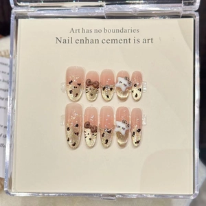 Handmade Press On Nails Leopard Print 3D Bow Cat Head Cat Eye French Gradient Nude Pink Elegant Sweet Style For Women