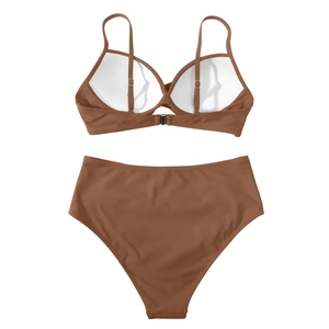 Two-piece high waisted brown bikini swimsuit with adjustable straps shown from the back
