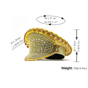 Golden sequined bride captain hat with rhinestones and gems showing dimensions and weight