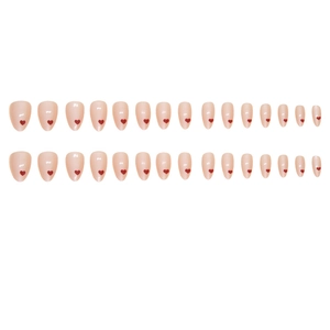 Pink gradient press-on nails in almond shape with red heart patterns for women