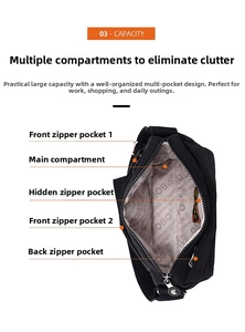 Detail view of multi-pocket nylon shoulder bag internal compartments and zipper storage