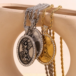 Saint Michael angel relief pendants in gold and silver with rhinestones on rope chains