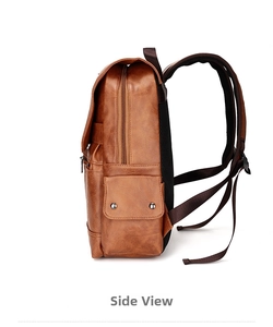 Side view of dark brown PU leather backpack with side flap pocket and mesh back panel