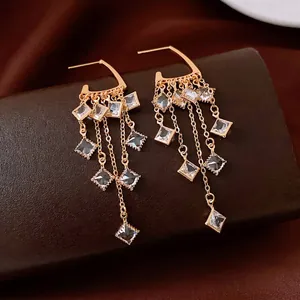 Vintage 18K gold plated rhombus tassel earrings with sparkling geometric crystals