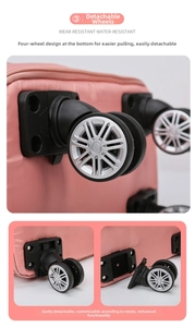Detail view of pink travel bag showing detachable 360-degree silent spinner wheels