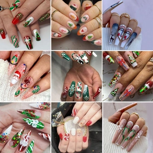 Christmas Press On Nails Plastic Snowflake Reindeer Patterns Holiday Party Festive Coffin Shape For Women