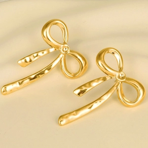 Fashion 304 Stainless Steel Bow Stud Earrings For Women 18K Gold Silver Plated Hammered Texture Ribbon Knot Earrings Jewelry