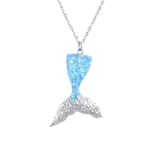 Sparkling gradient blue mermaid tail pendant necklace with silver chain on white background