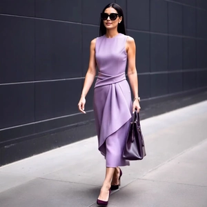 Elegant purple sleeveless midi dress with pleated waist and satin finish in street setting