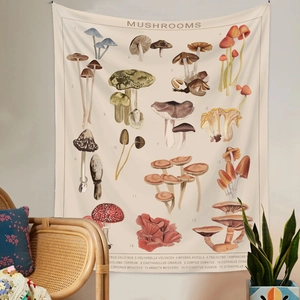 Macro detail of retro botanical mushroom wall tapestry made of lightweight fabric