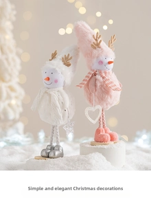 Detail view of plush Christmas snowmen with knitted hats and scarves in festive scene