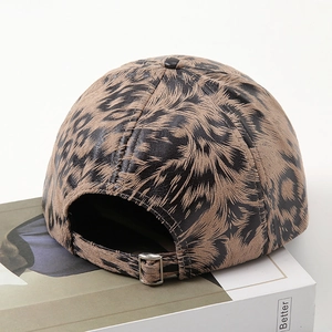Back view of leopard print baseball cap with adjustable metal buckle strap details