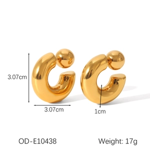 Detailed size view of high-polished gold C-shaped stainless steel earrings 3.07cm diameter
