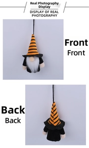 Front and back view of a striped Halloween gnome ornament with white beard and hanging string