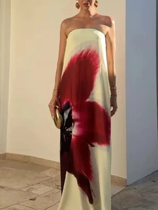 Women Abstract Floral Print Tube Top Backless Maxi Dress Satin Feel Contrast Color Back Buckle Strap Summer Vacation