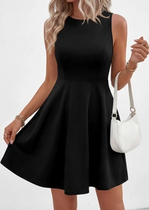 Detail of a black sleeveless A-line summer dress showing the smooth fabric and slim fit hem