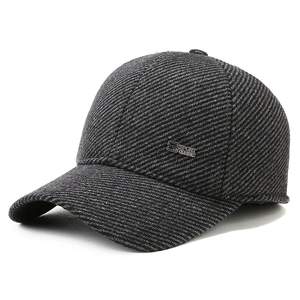 Men's winter baseball cap in black grey twill wool with warm lining and ear protection