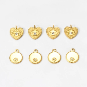 18k gold plated stainless steel heart and round evil eye pendants with sparkling zircons