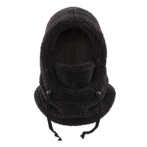 Detail of black thermal fleece balaclava with adjustable drawstring and windproof design