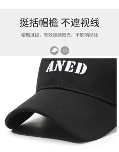 Detail of white ANED letter embroidery on a premium black cotton twill baseball cap