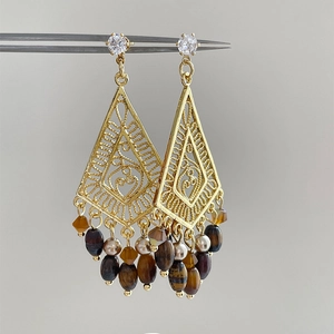 Bohemian Hollow Rhombus Drop Earrings Tiger Eye Stone Zircon With 925 Sterling Silver Earring Post For Women Vintage