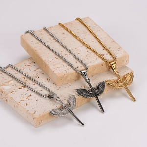 Vintage stainless steel sword pendant necklaces with angel wings in gold, silver, and black