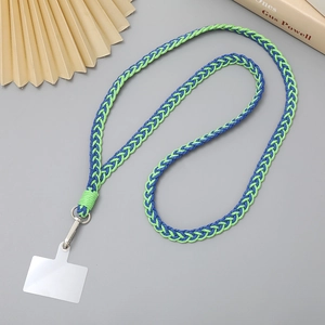 Detail of blue and green woven nylon phone lanyard with metal hook and transparent patch