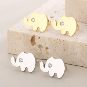 Cute elephant stud earrings in gold and silver steel with white zircon stone accents