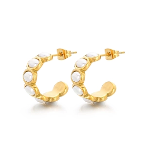 Elegant 18k gold plated stainless steel C-shaped earrings with white pearl accents