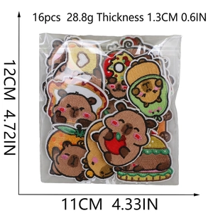 16-piece Capybara embroidery patches set featuring cute animals and food for DIY clothing