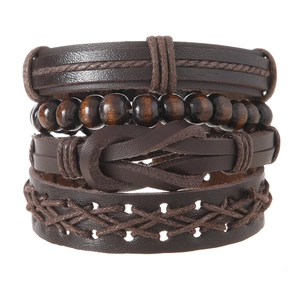 Vintage brown multilayer braided leather bracelet with wooden beads and adjustable cord