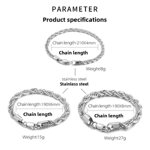 Detailed parameter chart showing three sizes of stainless steel rope chain bracelets