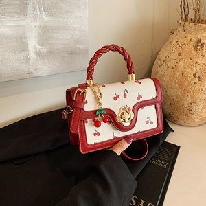 Sweet Cherry Print PU Leather Crossbody Bag Women Retro Small Square Handbag With Flower Metal Lock And Braided Handle