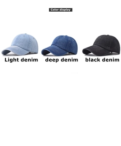 Detailed color display of light, deep, and black washed denim baseball caps with metal eyelets