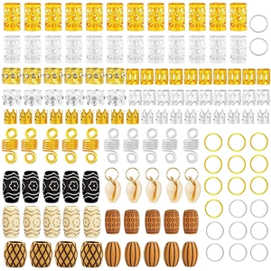 133-piece DIY dreadlock jewelry set with metal rings, wooden beads, and shell pendants
