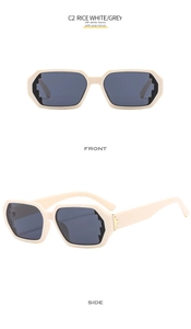 Front and side views of rice white pixel-style sunglasses with grey lenses