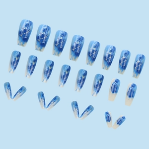 24pcs coffin press-on nails with blue marble gradient texture and gold foil accents