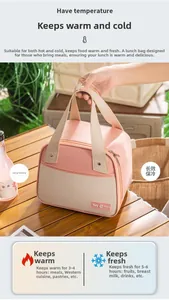 Detail of insulated lunch bag with reinforced handles and 'Tasty Food' patch on wood table