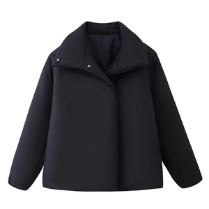 Women's minimalist black stand collar quilted puffer jacket with hidden button closure