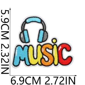 Detailed size chart for music theme embroidery patch with colorful headphones and lettering