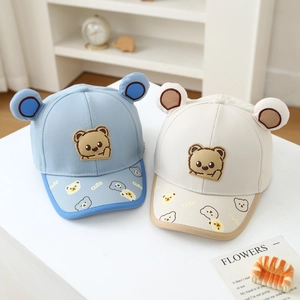 Kids Baseball Cap Cotton Polyester Breathable Sun Hat 3D Bear Ears Cartoon Printed Short Brim Toddler Boys Girls Cute
