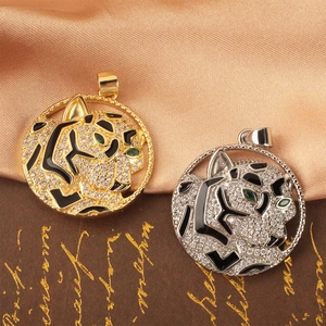 Copper Leopard Head Pendant Necklace Luxury Zircon Enamel Animal Jewelry For Women Trendy Hollow Tiger Head Gold Tone