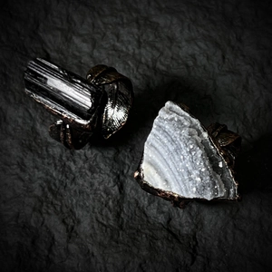 Vintage bronze feather rings with raw black tourmaline and agate geode crystal