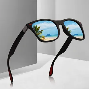 Classic matte black sunglasses with blue mirrored lenses and red side details
