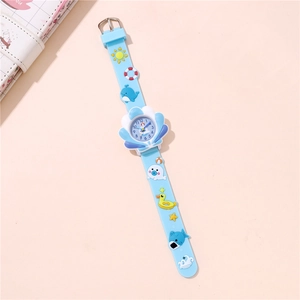 Kids cute blue quartz watch with shell-shaped case and 3D marine animal silicone strap