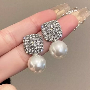 French style silver earrings with square rhinestone studs and elegant round pearl drops