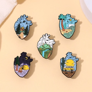 Anatomical Heart Enamel Pin Alloy Brooches Creative Natural Landscape Mountain Beach Forest Camping Design Accessories For Bags