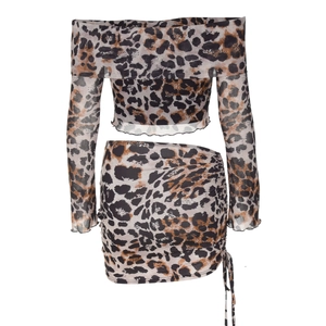 Detail of leopard print mesh fabric with drawstring and off-shoulder long sleeve cut