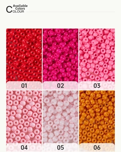Detail view of 4mm glass seed beads in six colors from red to orange for DIY jewelry