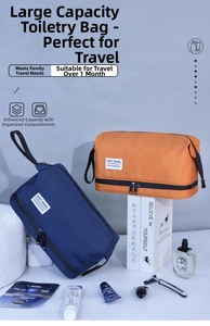 Detail of travel toiletry bag showing side handle and dual zipper for wet dry separation